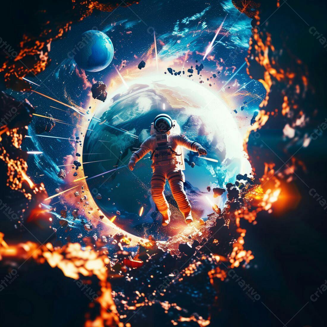Astronauta flutuando perto de planeta em explosão