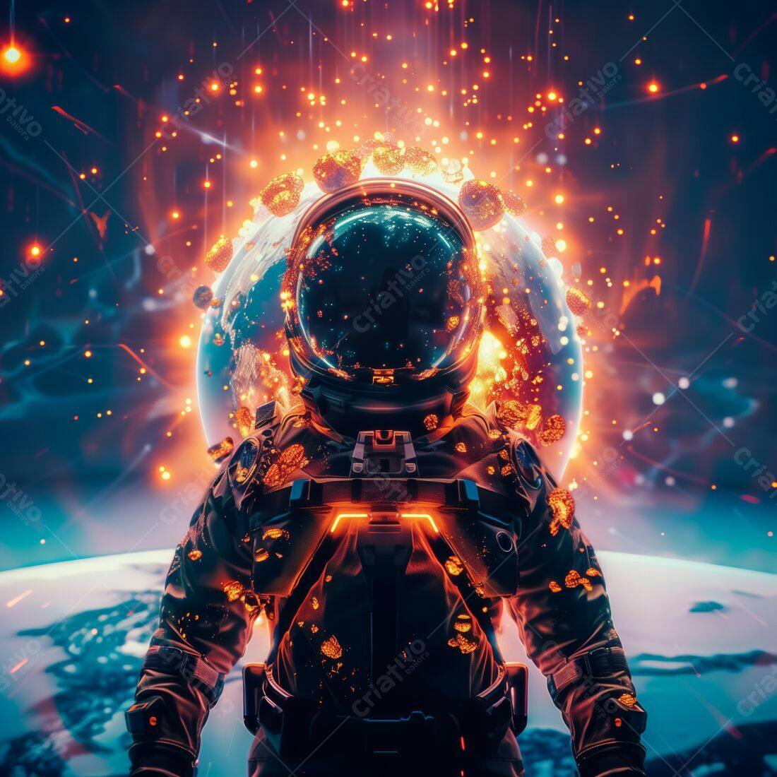 Astronauta em traje espacial com planeta explodindo