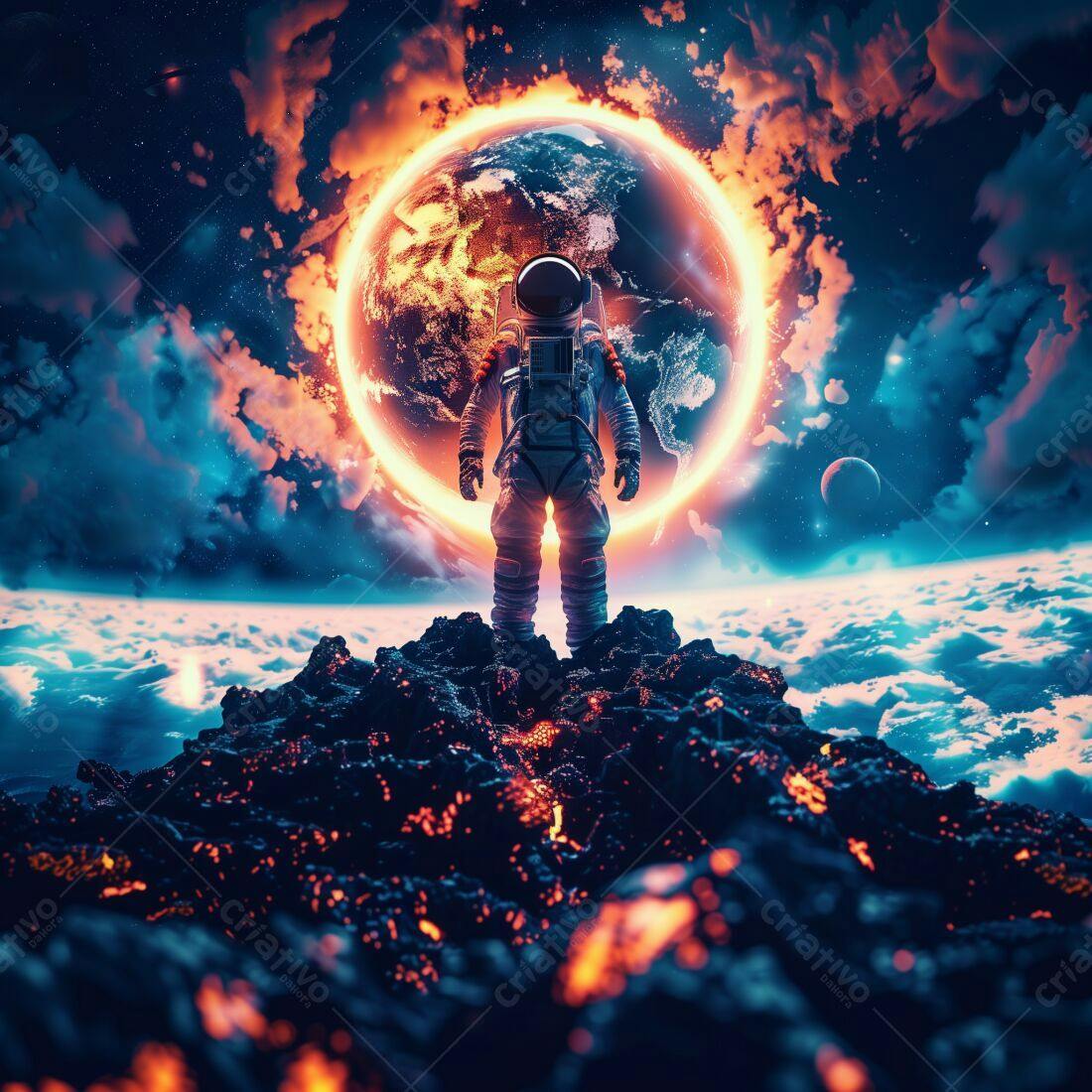Astronauta em paisagem espacial com planeta em chamas
