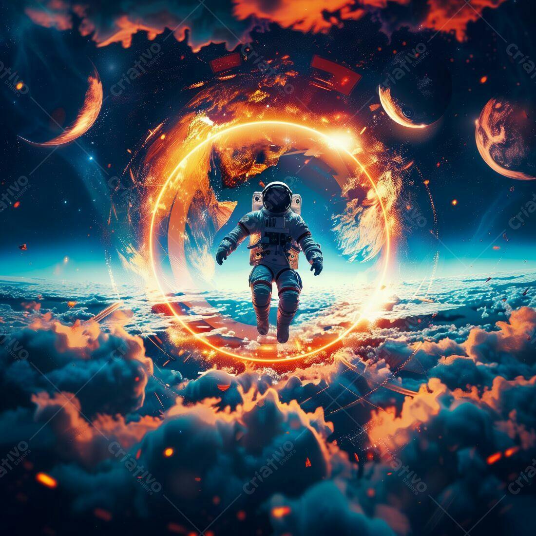Astronauta flutuando em portal espacial
