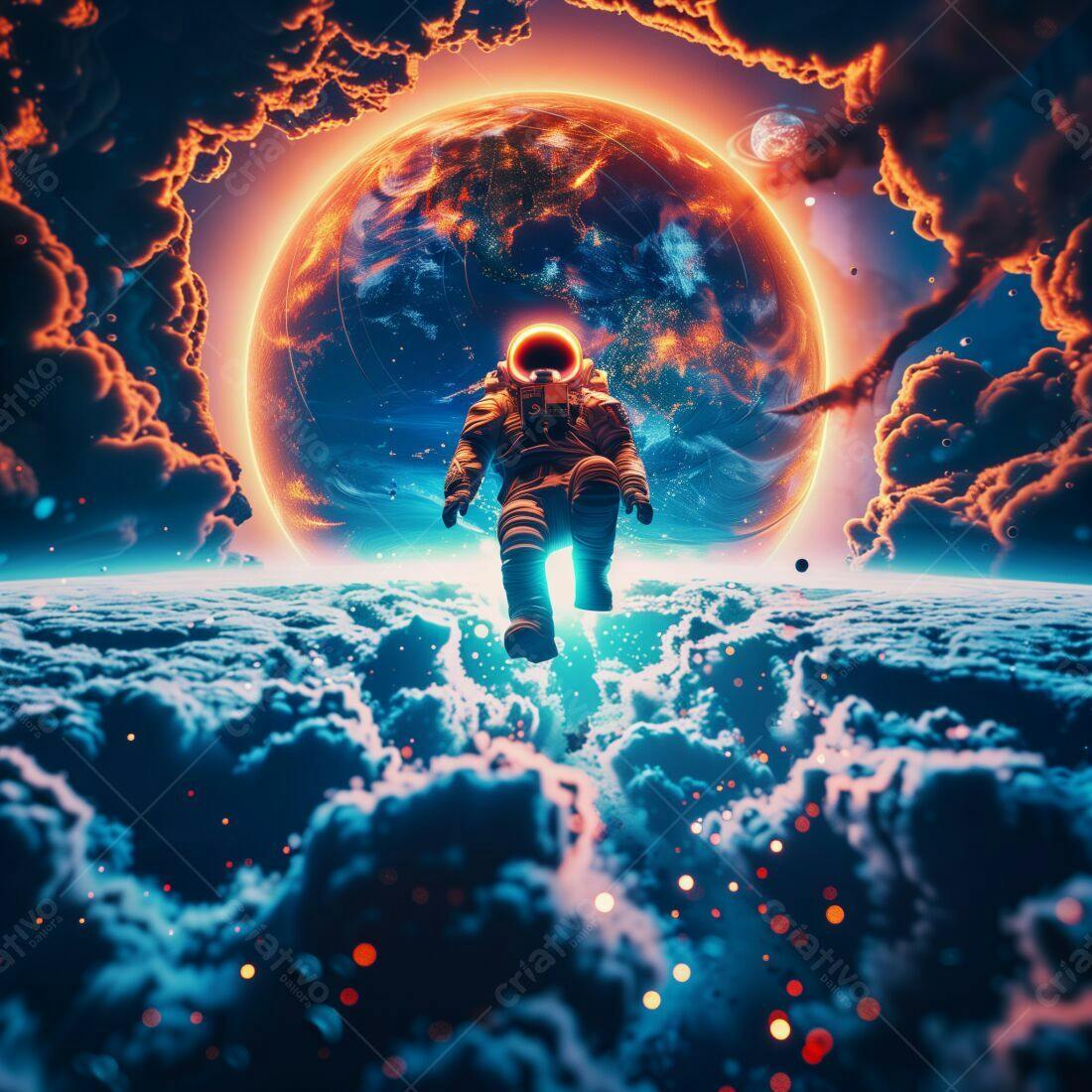 Astronauta flutuando sobre planeta em chamas