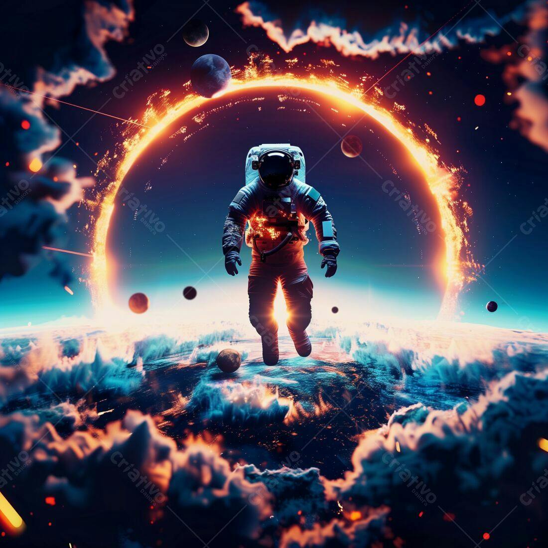 Astronauta em portal espacial flamejante
