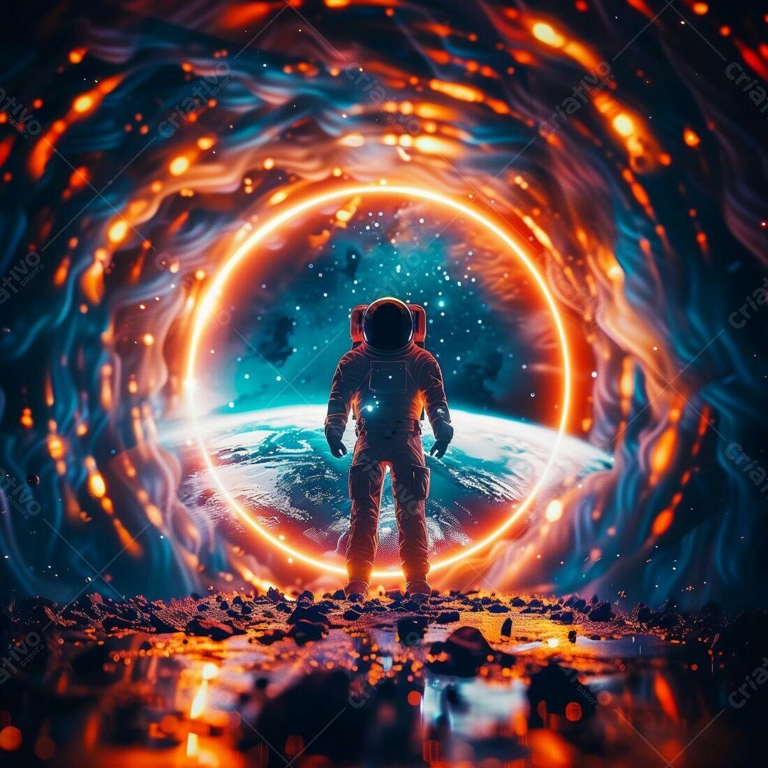 Astronauta em portal espacial com tons laranja e azul