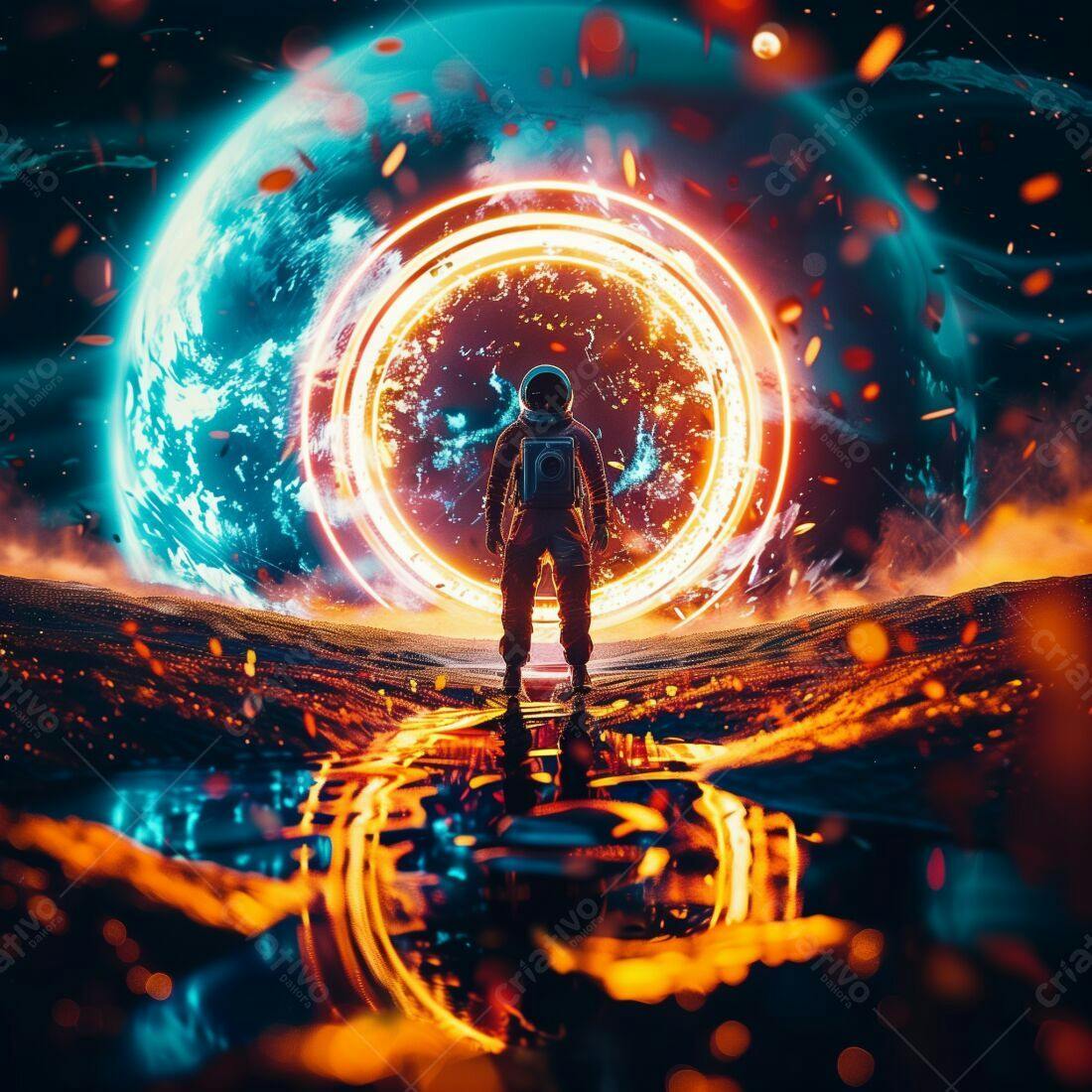 Astronauta diante de portal espacial cores vibrantes