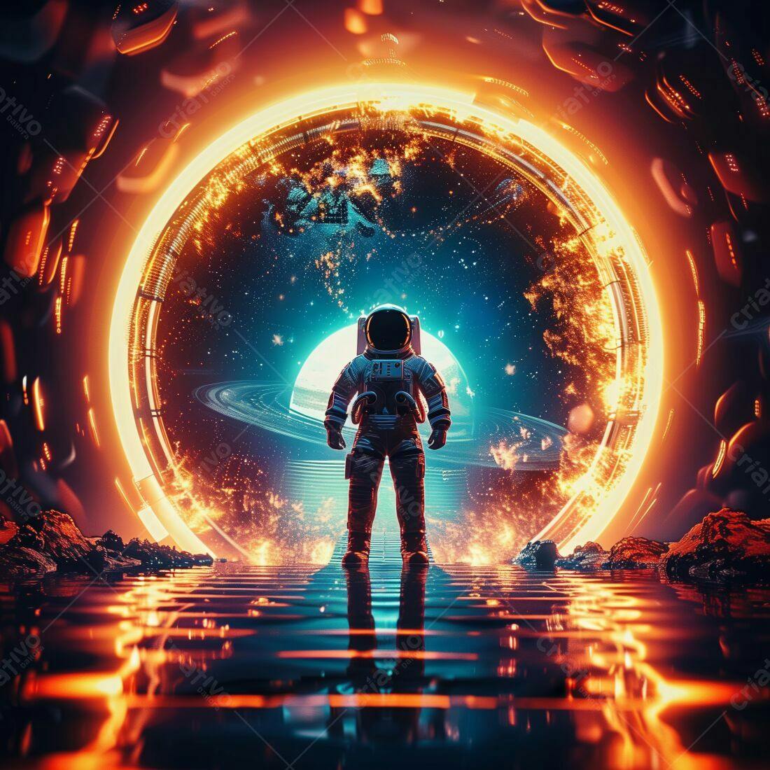 Astronauta diante portal espacial laranja e azul