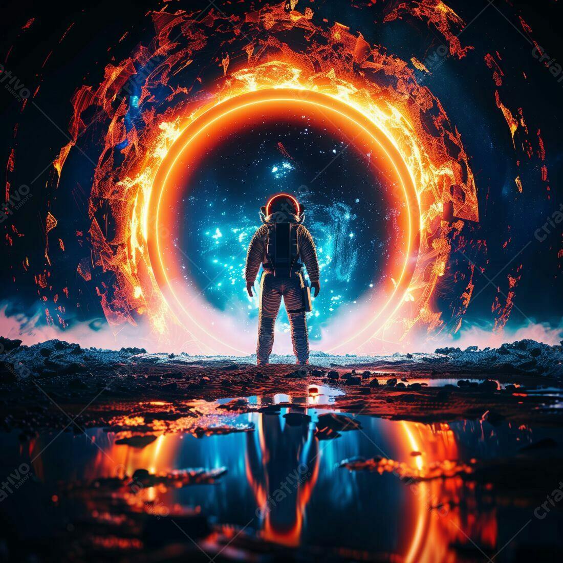 Astronauta diante de portal espacial laranja e azul
