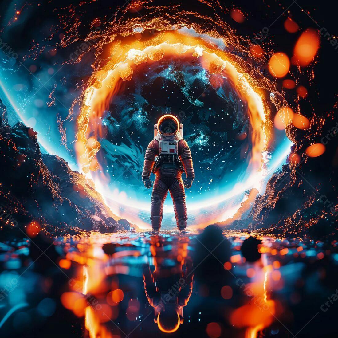 Astronauta diante portal espacial laranja e azul