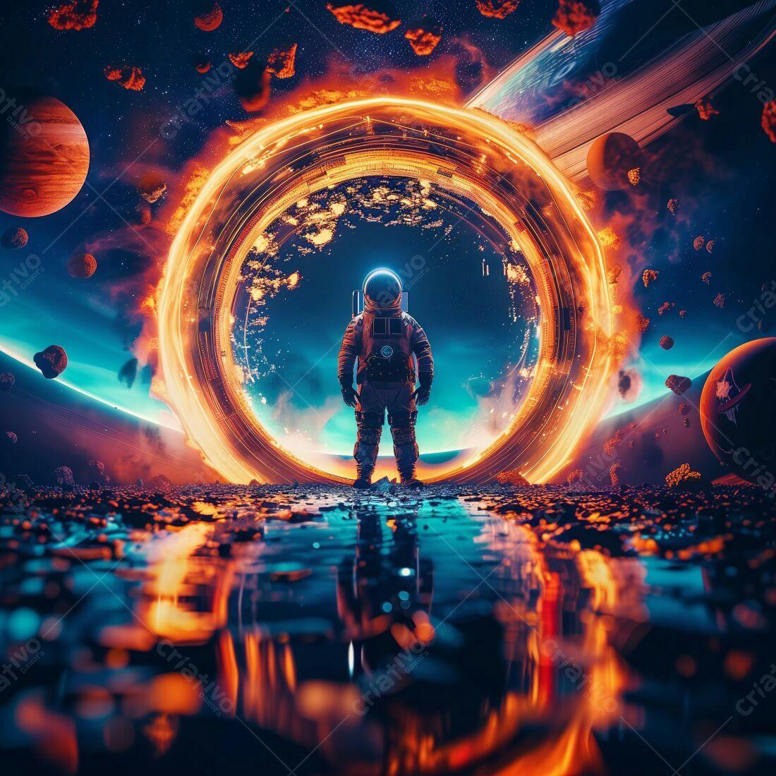 Astronauta diante portal espacial ígneo