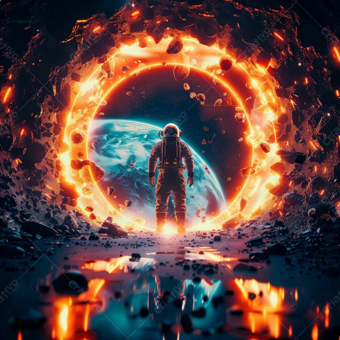 Astronauta diante portal espacial ígneo