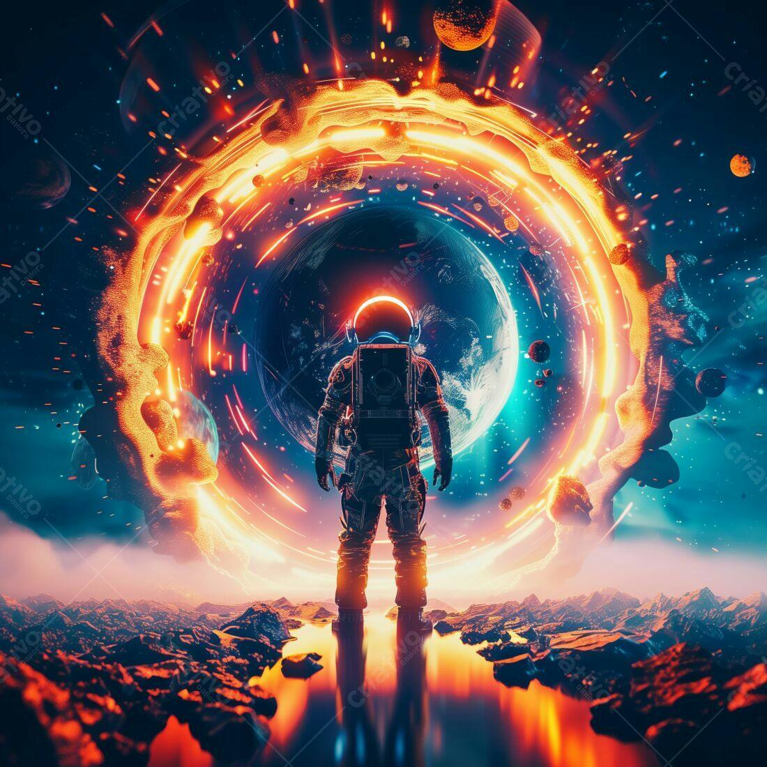 Astronauta diante portal espacial cores vibrantes