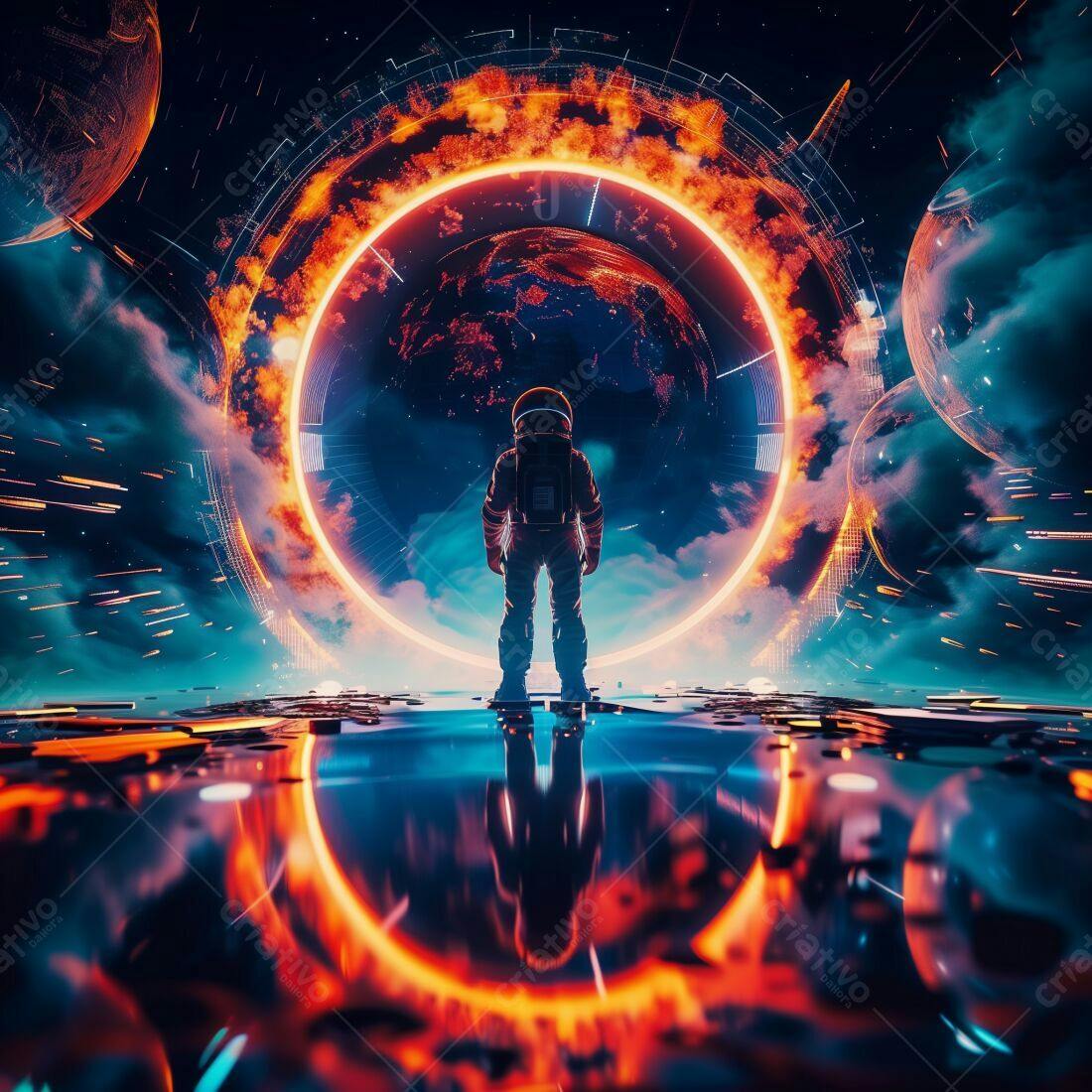 Astronauta diante portal espacial ígneo