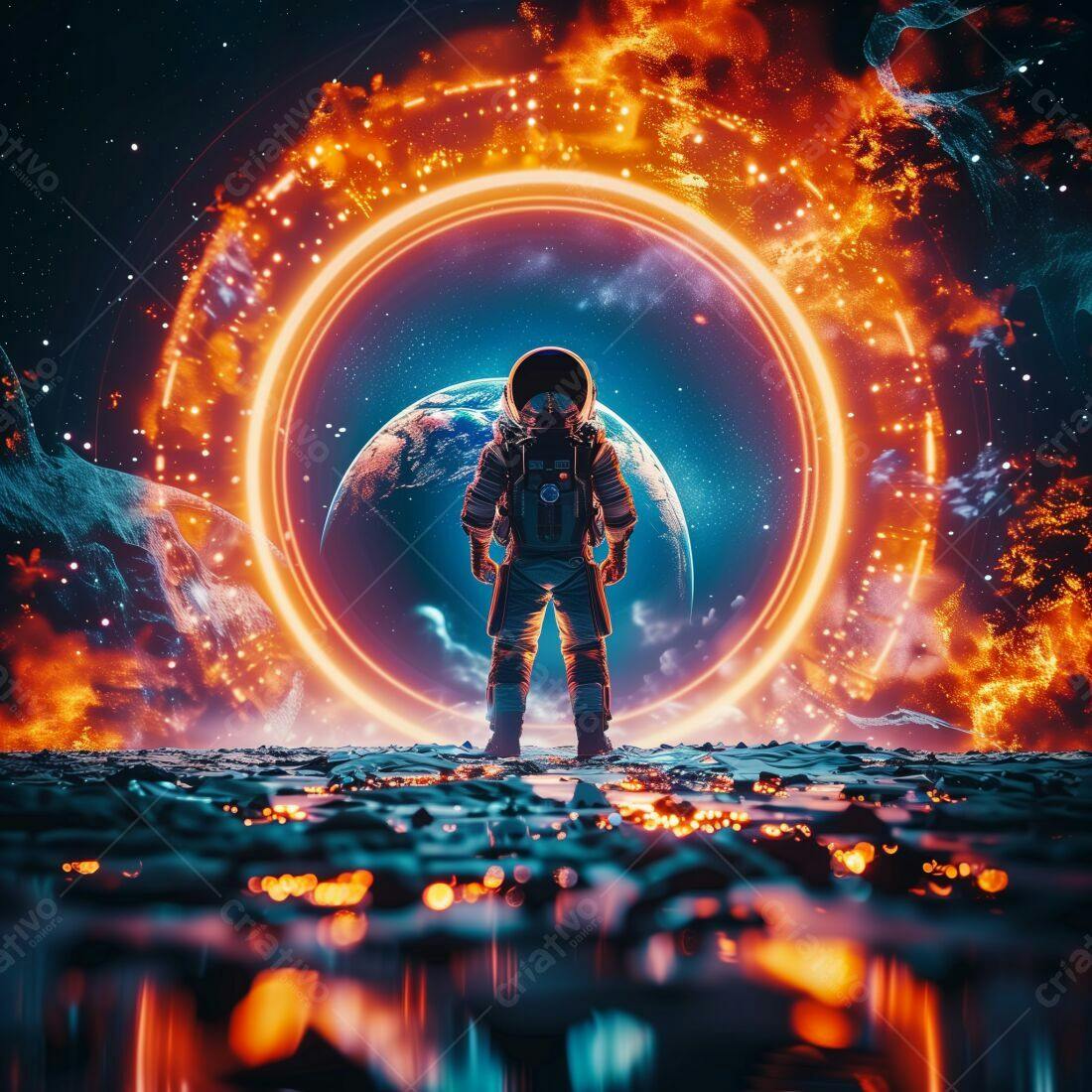 Astronauta diante de portal espacial
