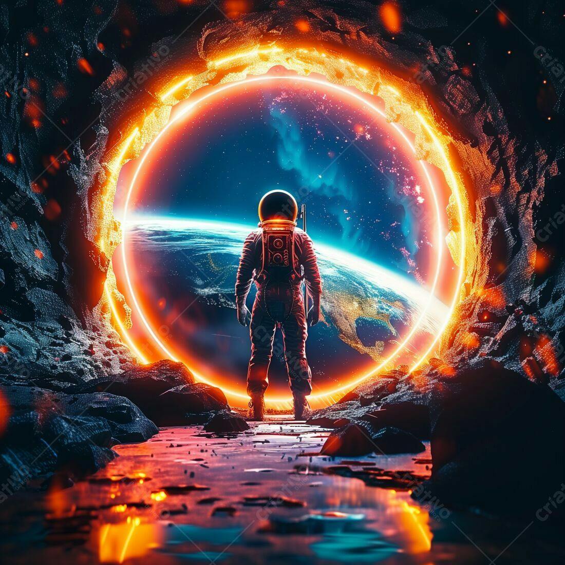 Astronauta contemplando portal espacial laranja e azul