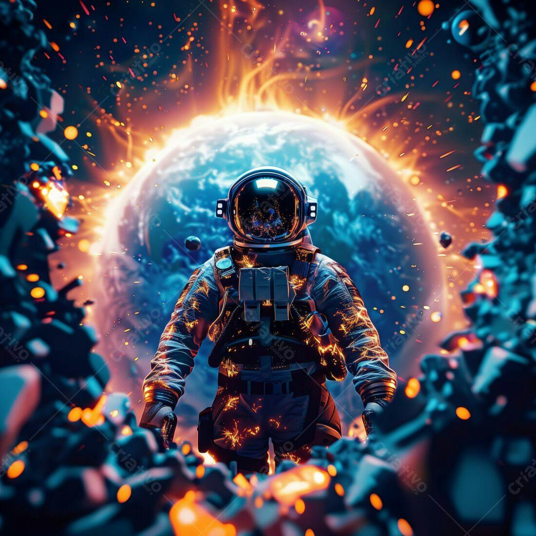 Astronauta em traje espacial diante de planeta em chamas