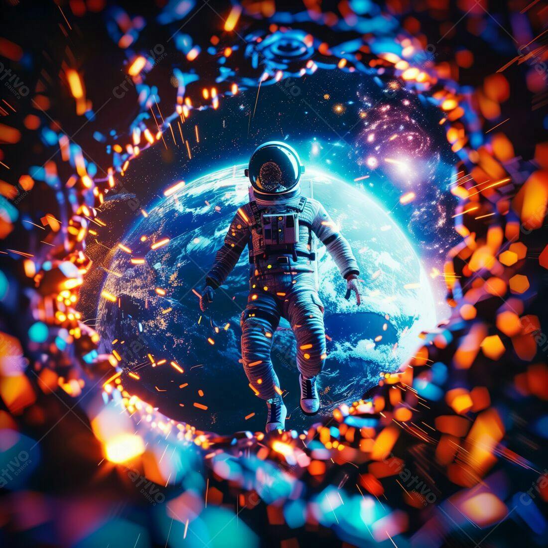 Astronauta flutuando próximo a Terra em portal espacial