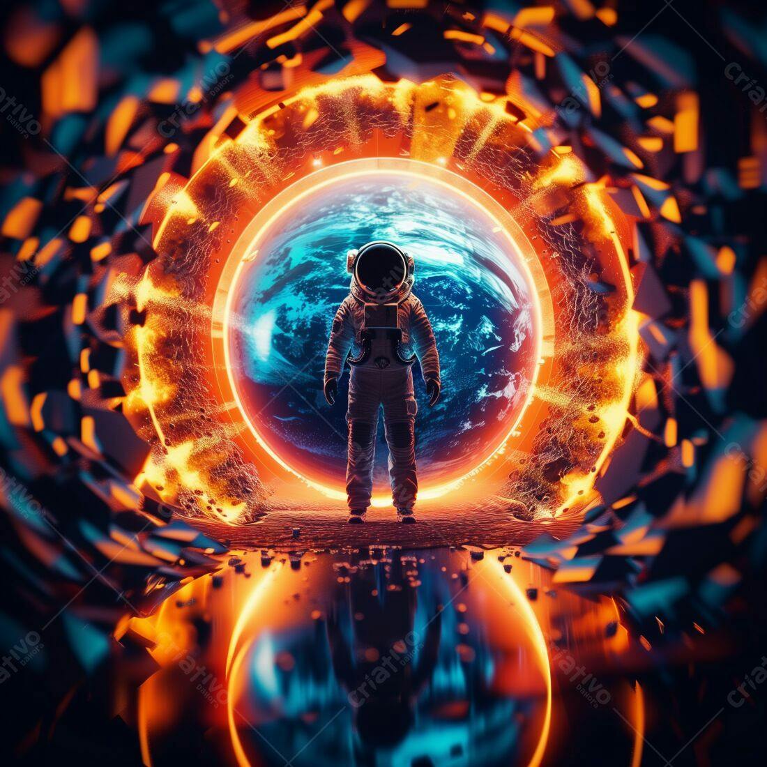 Astronauta diante portal espacial com planeta Terra