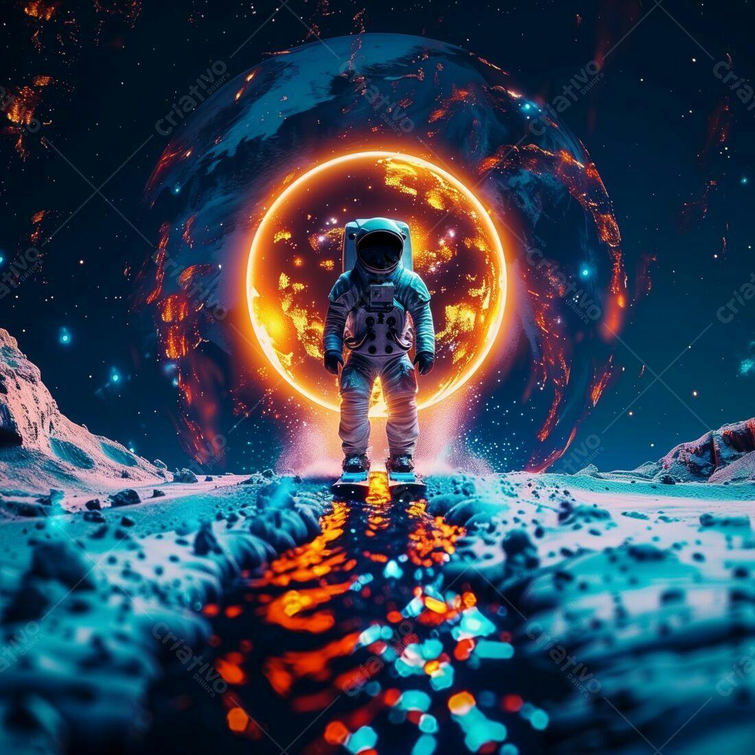 Astronauta sobre prancha em planeta congelado