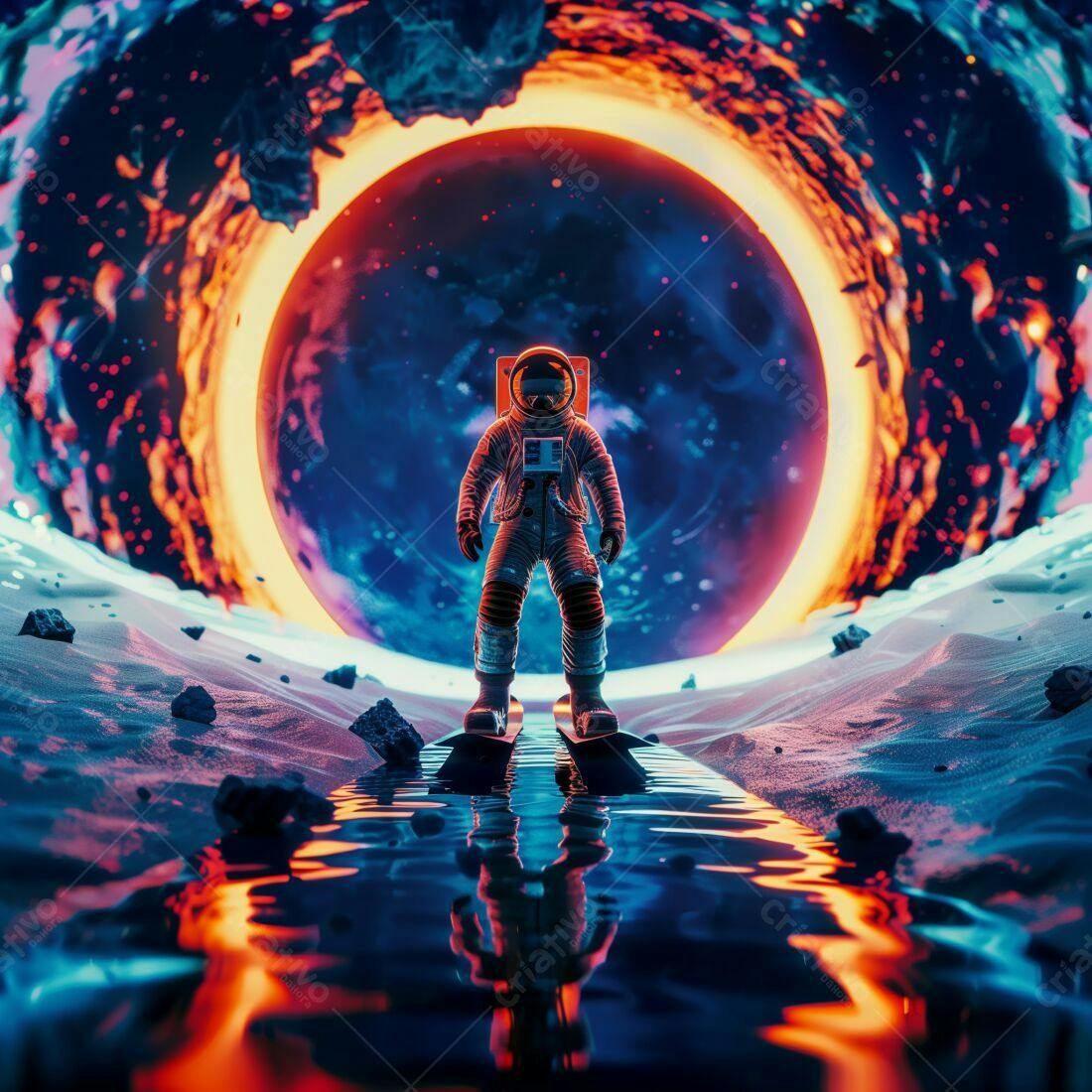 Astronauta em planeta alienígena com nebulosa