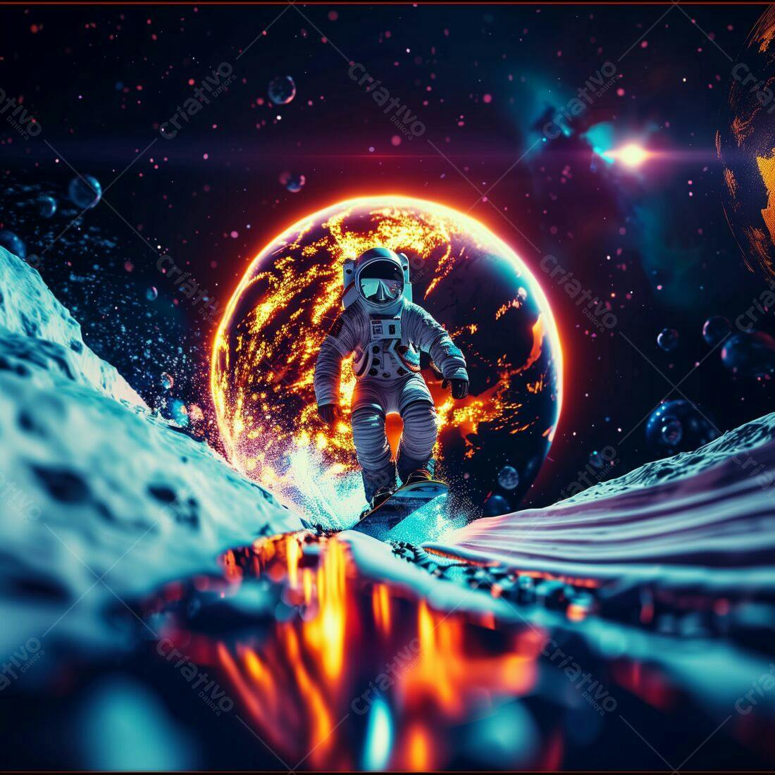 Astronauta snowboardando no espaço com planeta em chamas