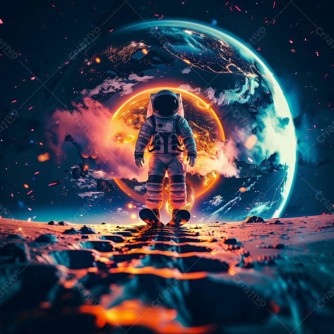 Astronauta em paisagem espacial laranja e azul