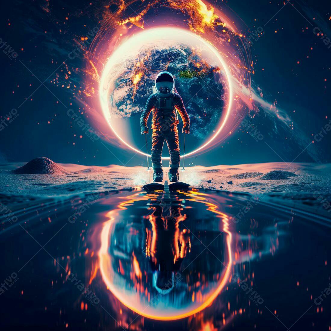Astronauta esquiando em planeta com explosão