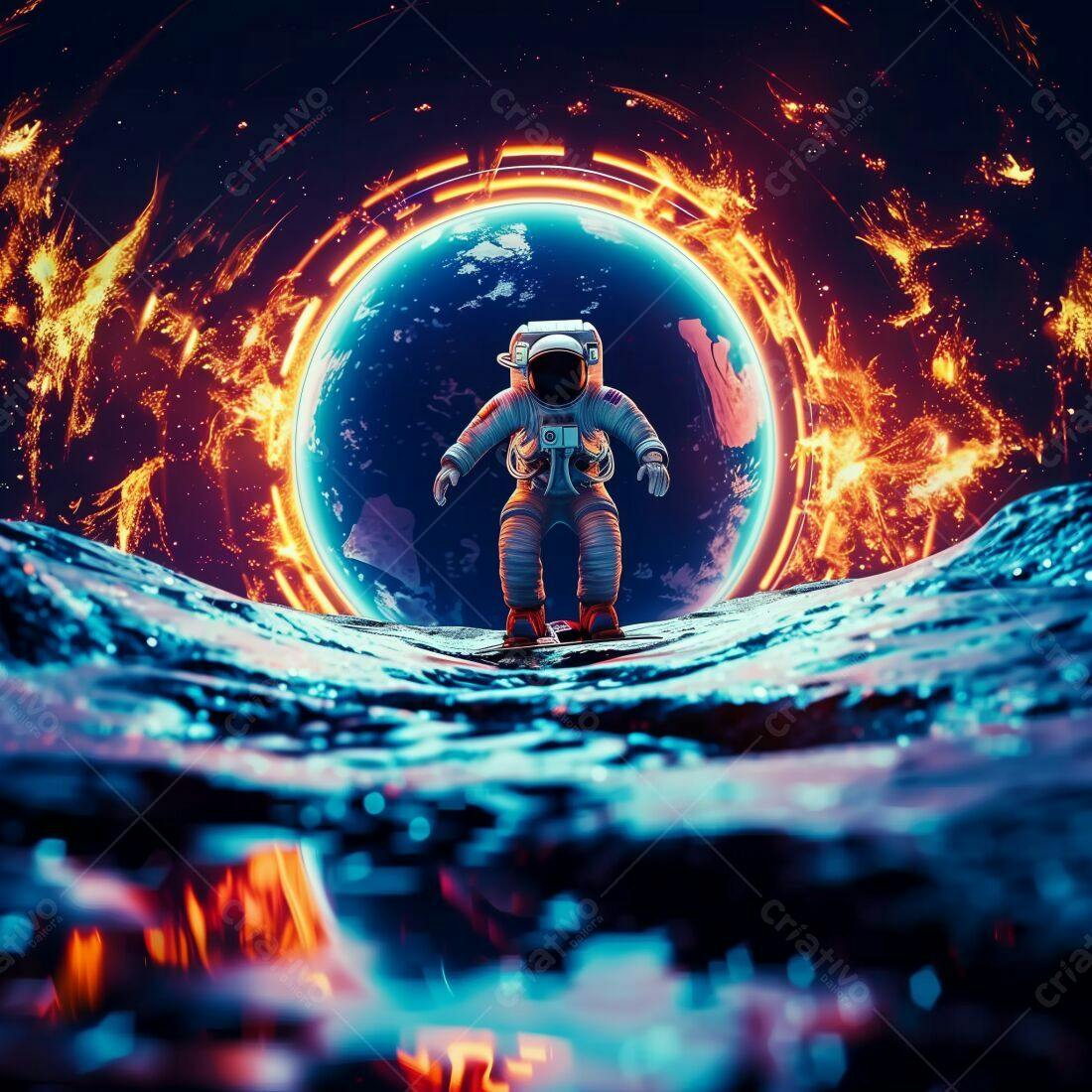 Astronauta em traje espacial diante da Terra em chamas