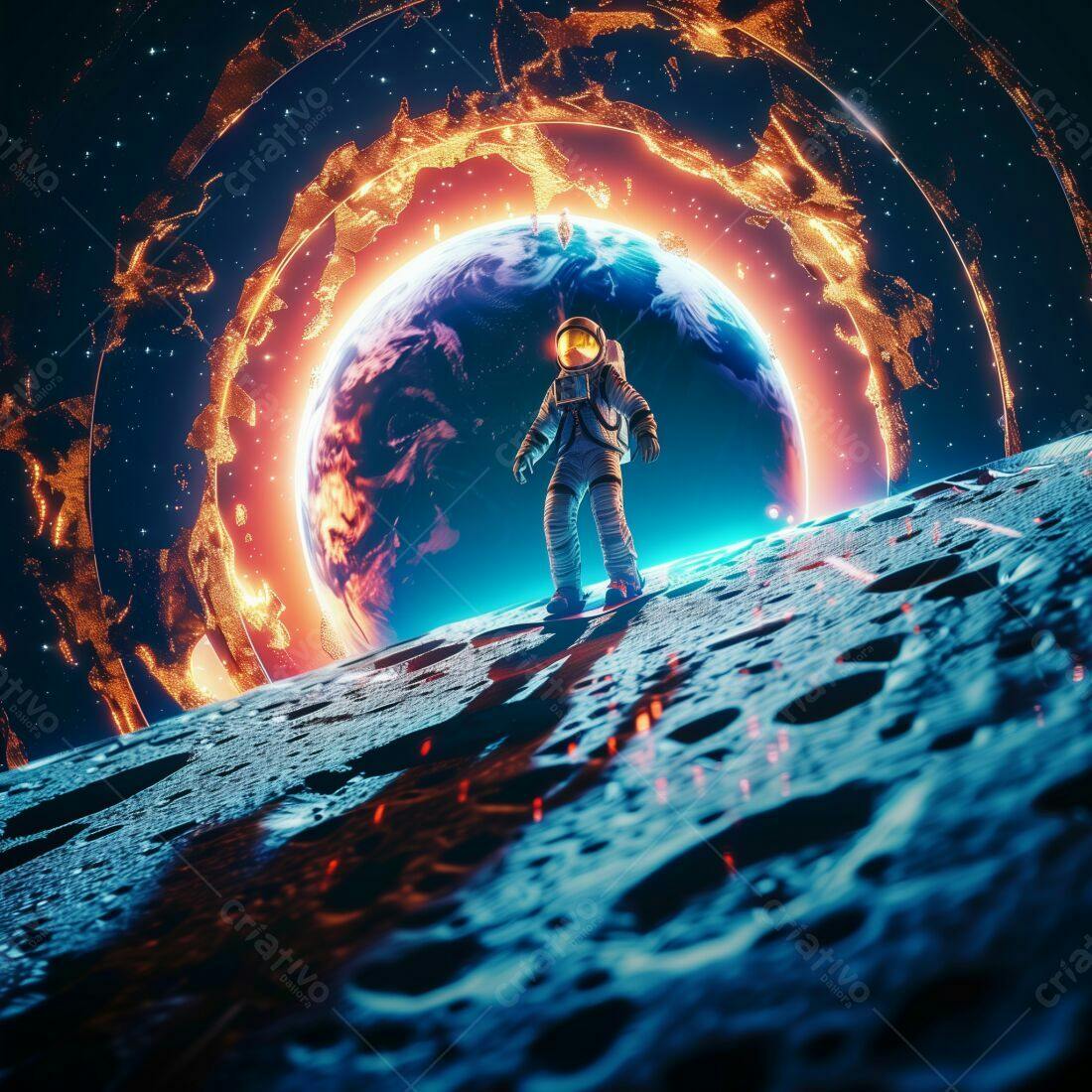 Astronauta na Lua com Terra ao fundo