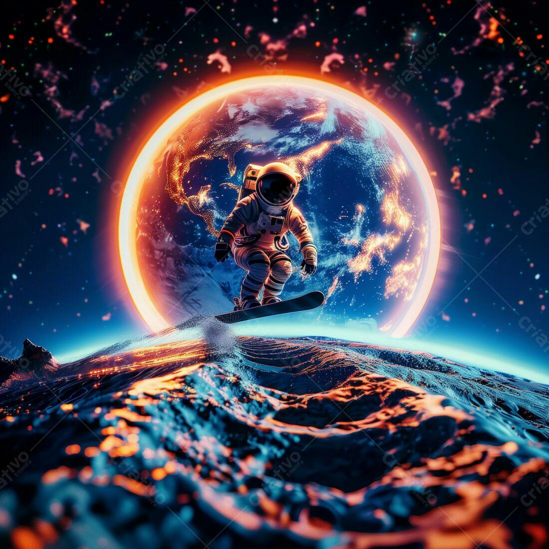 Astronauta snowboardindo sobre planeta