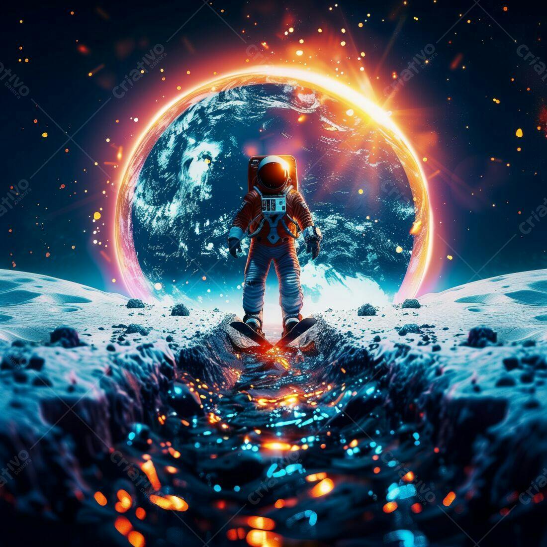 Astronauta sobre rio luminoso em planeta gelado
