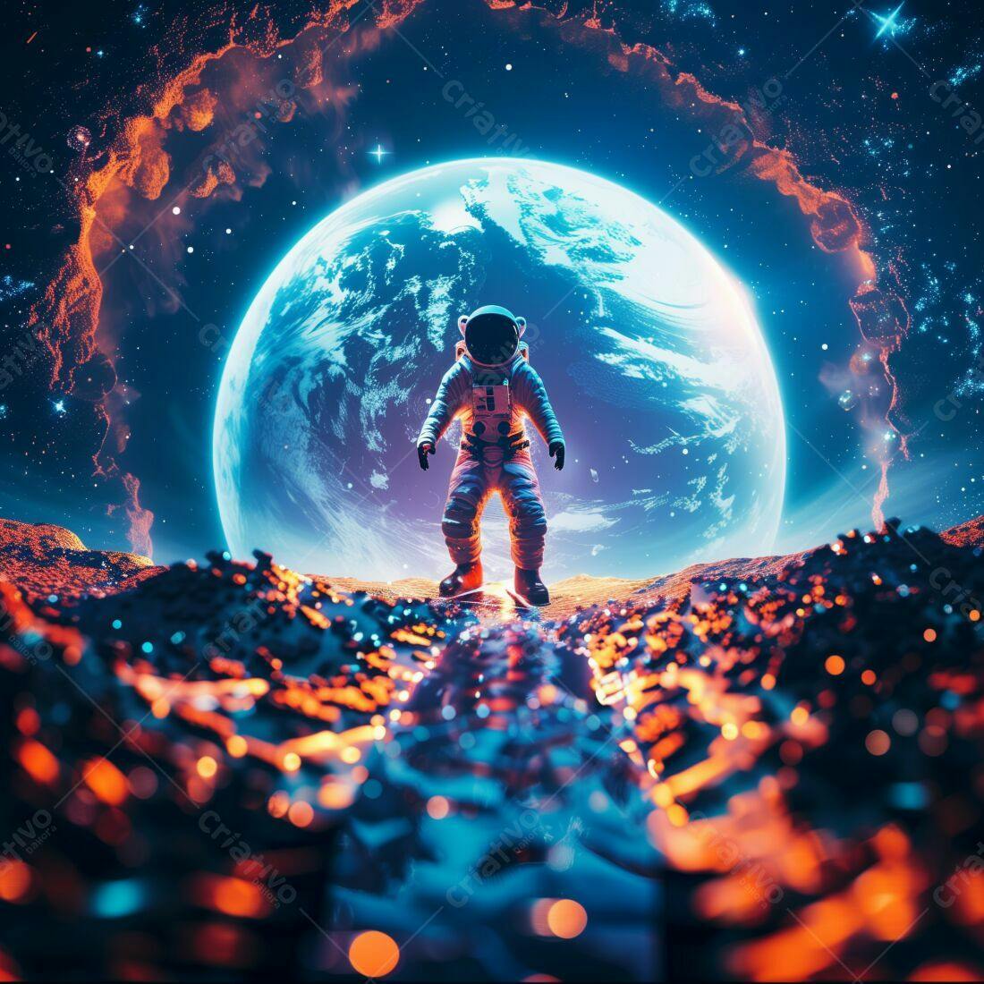 Astronauta em planeta alienígena com vista para a Terra