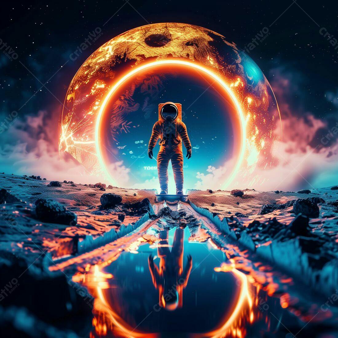 Astronauta em planeta laranja e azul