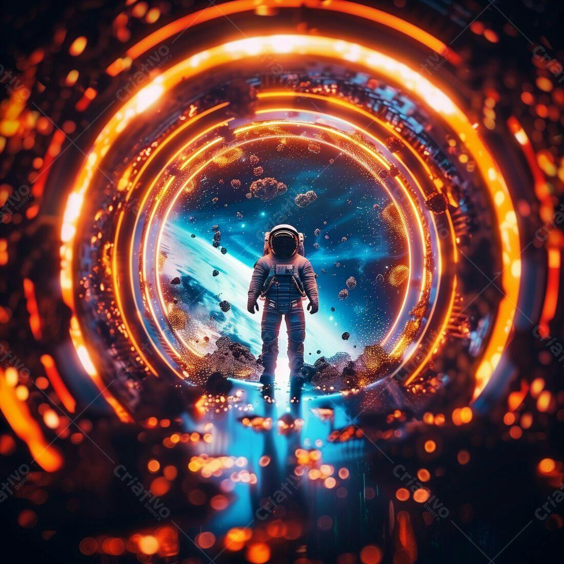 Astronauta em Portal Espacial Laranja e Azul
