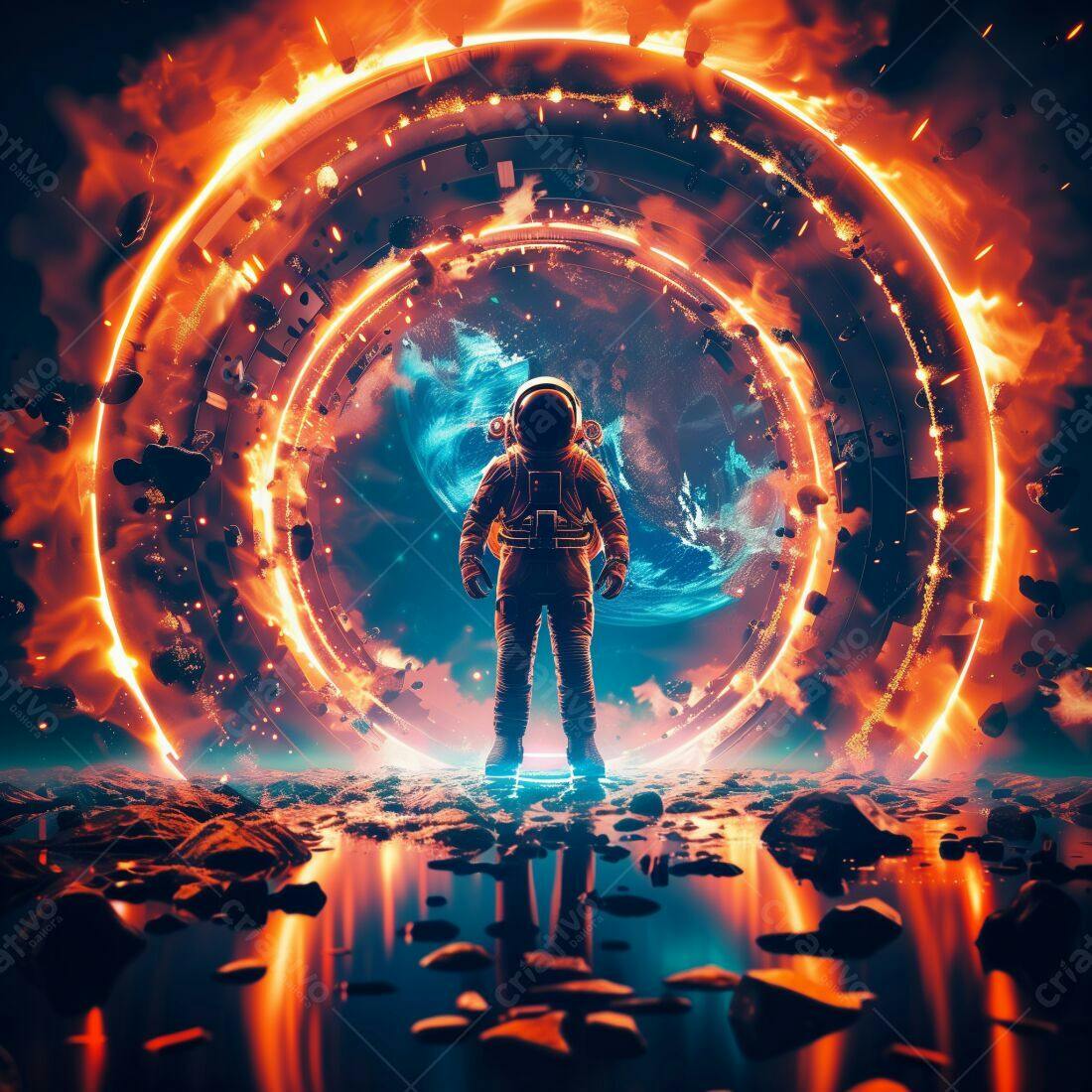 Astronauta diante portal espacial ígneo