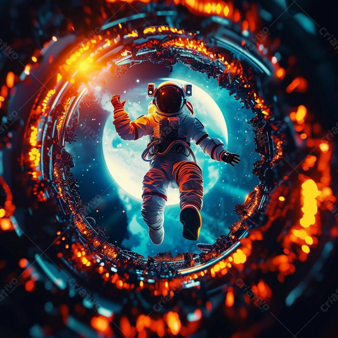 Astronauta flutuando no espaço com lua