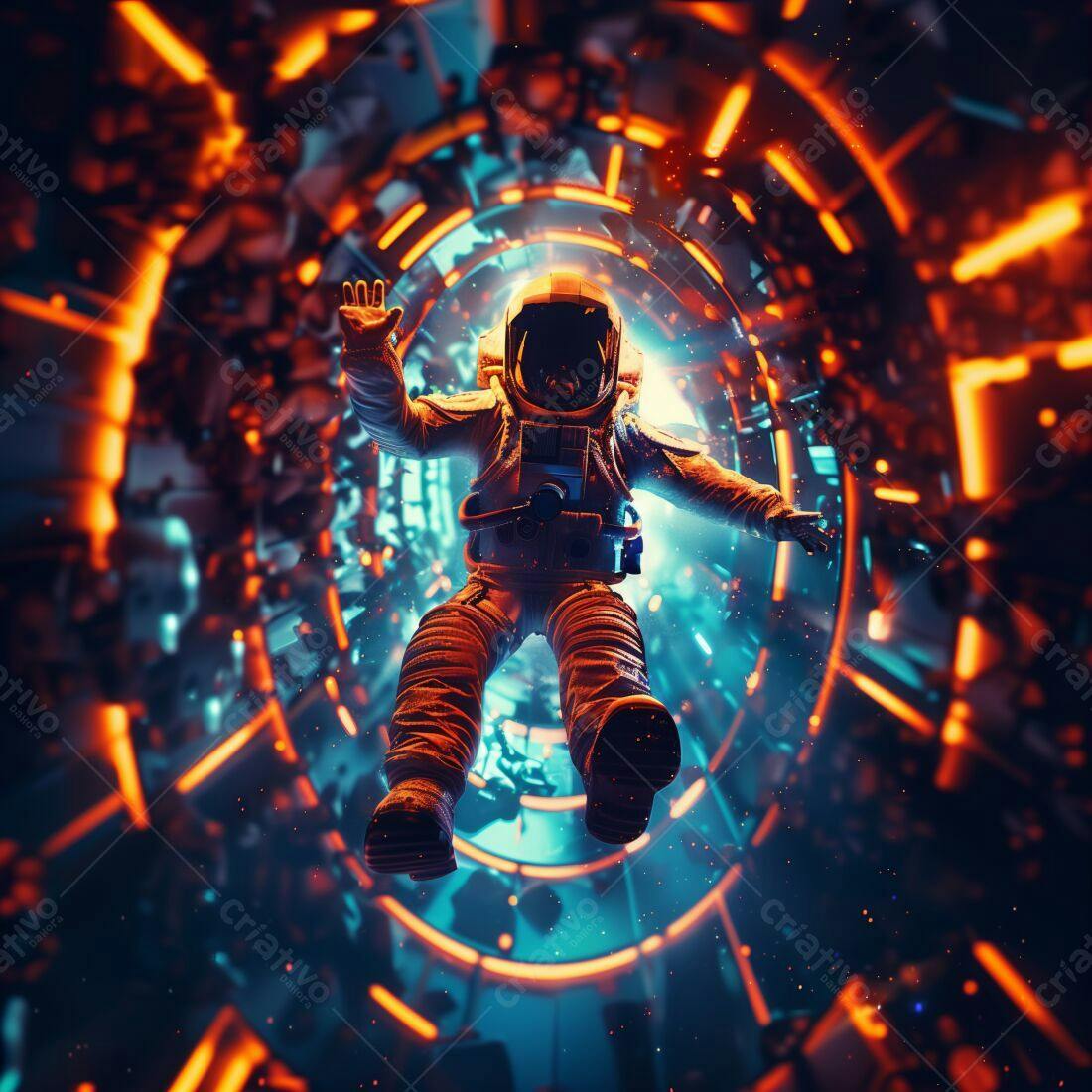Astronauta flutuando em túnel espacial futurista