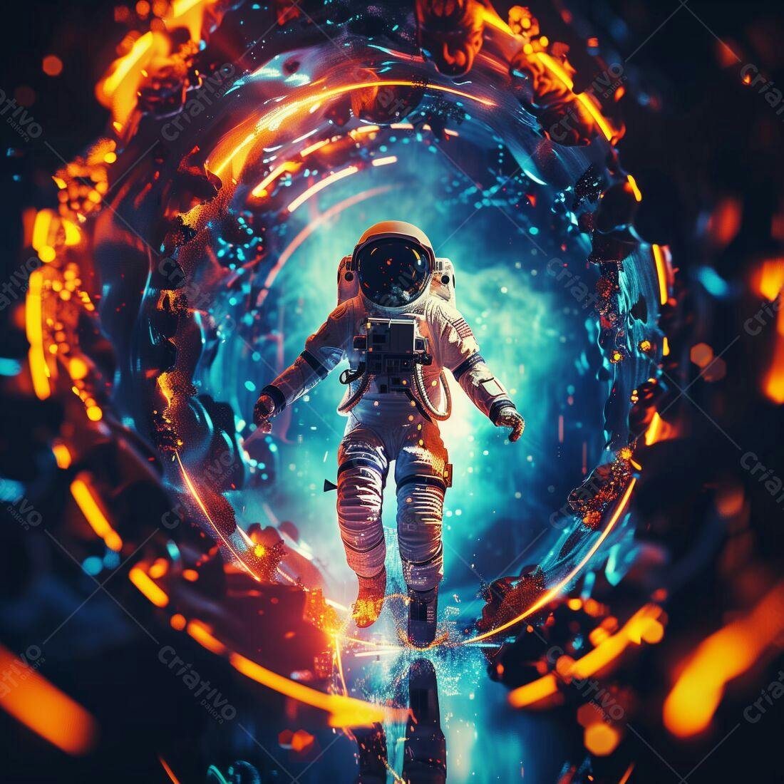Astronauta em túnel de energia cósmica