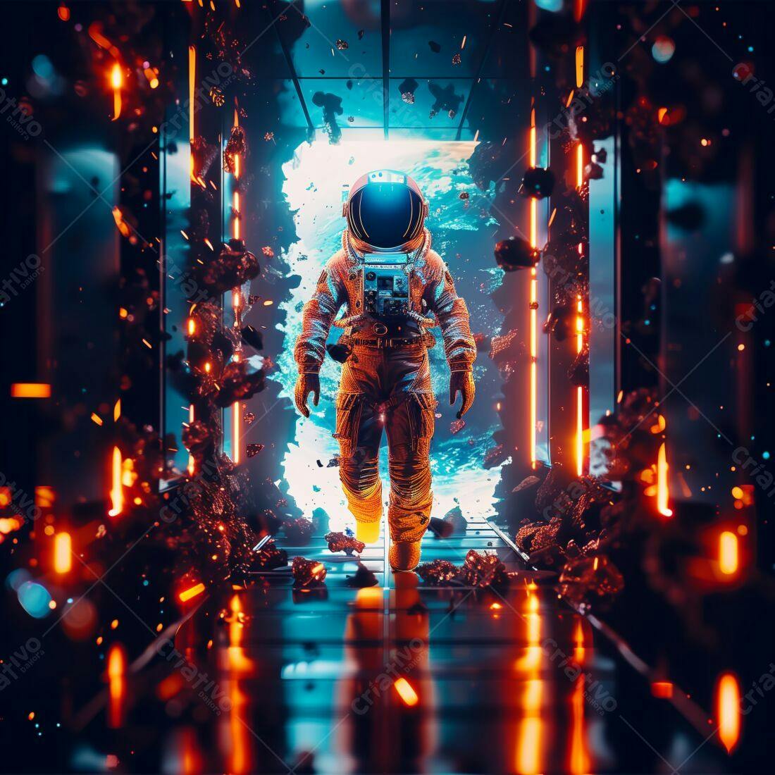 Astronauta caminhando em corredor futurista