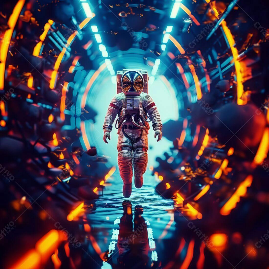 Astronauta em túnel futurista cores vibrantes