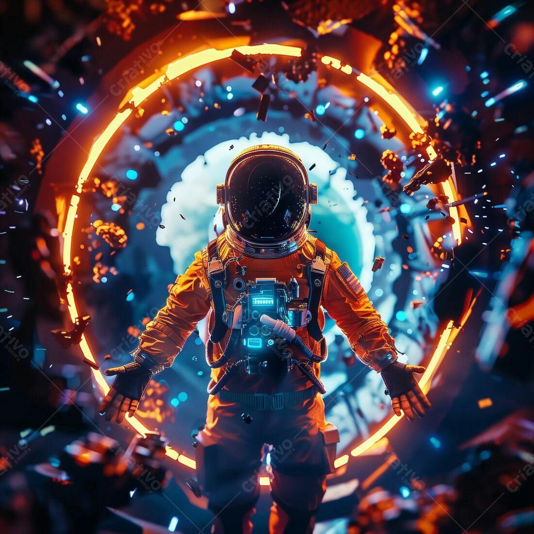 Astronauta em portal laranja e azul