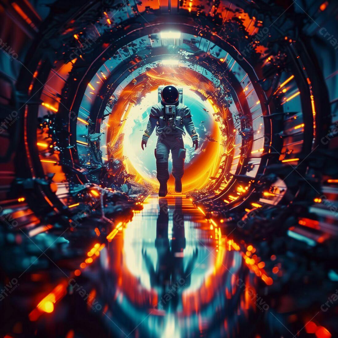 Astronauta caminhando em túnel futurista