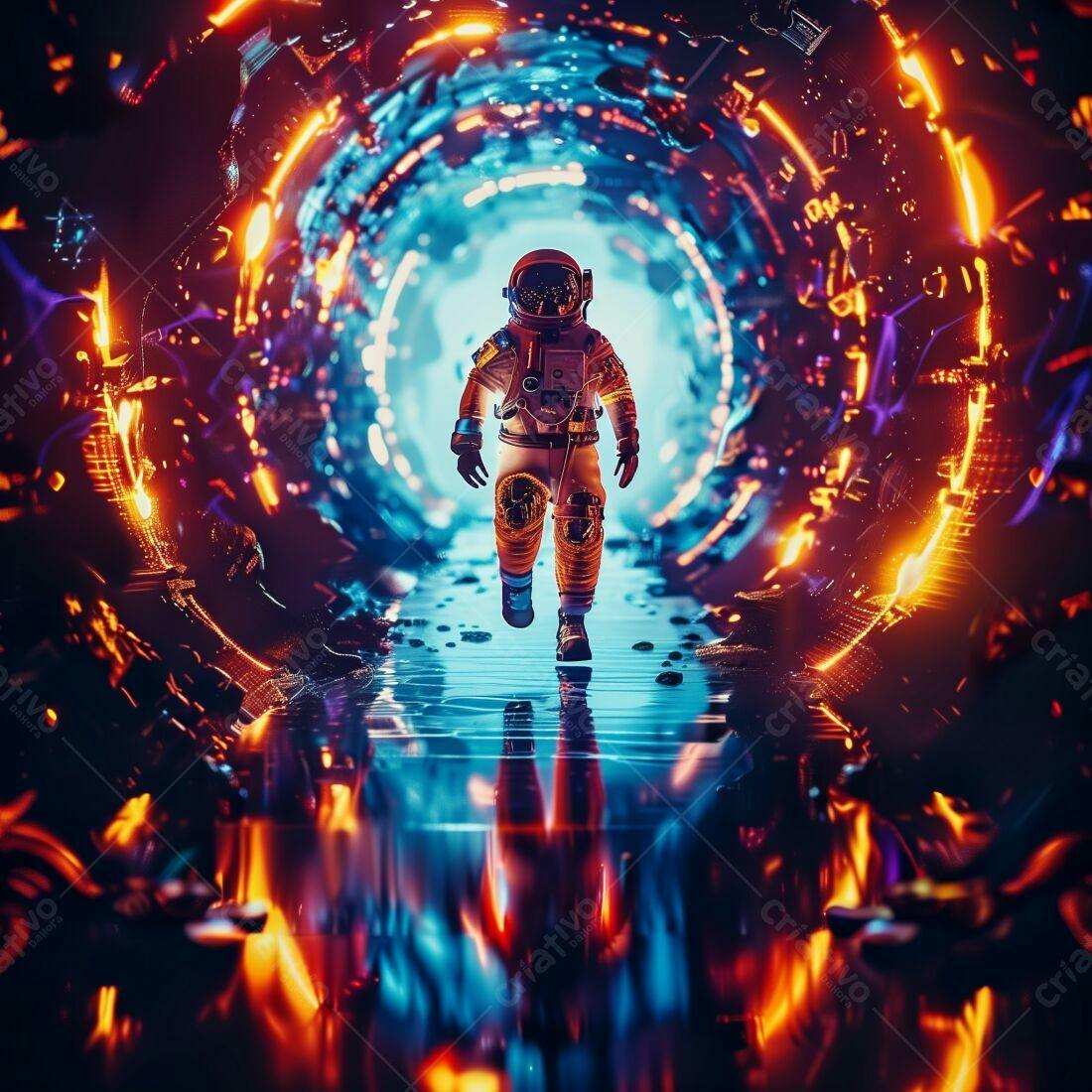 Astronauta caminhando em túnel futurista