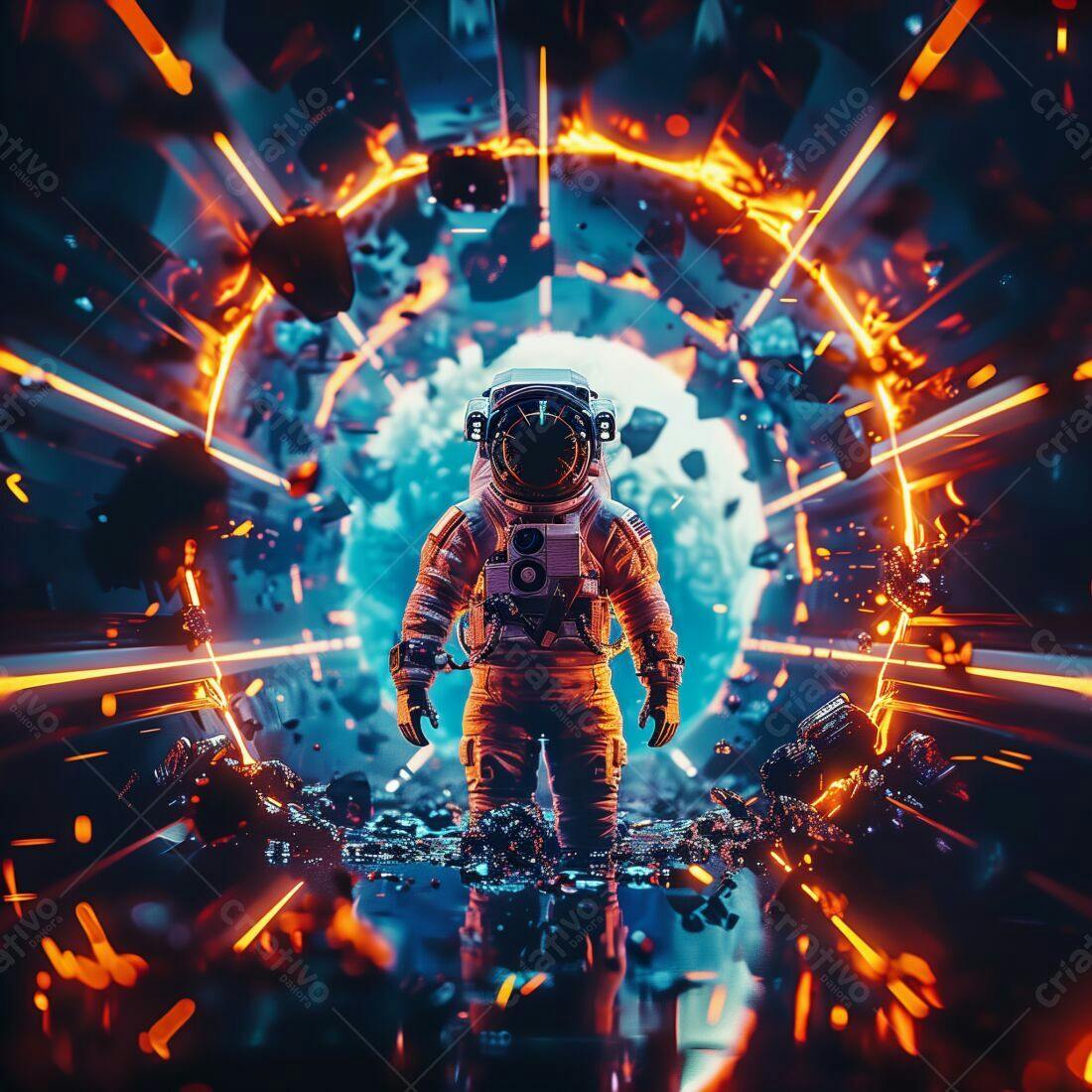 Astronauta em portal espacial futurista