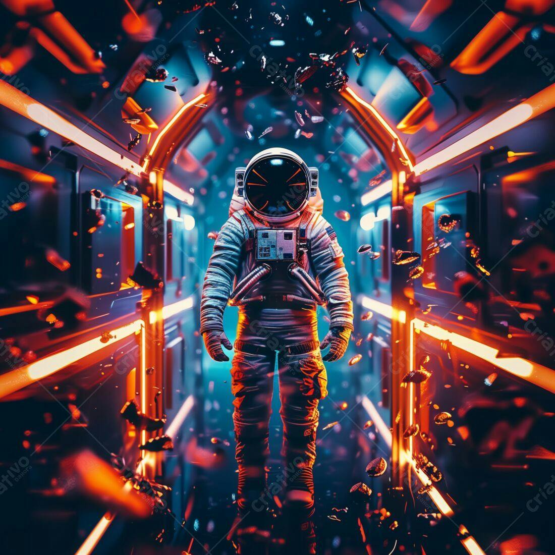 Astronauta em corredor futurista com luzes neon