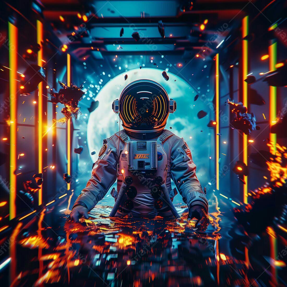 Astronauta em cenário futurista com lua