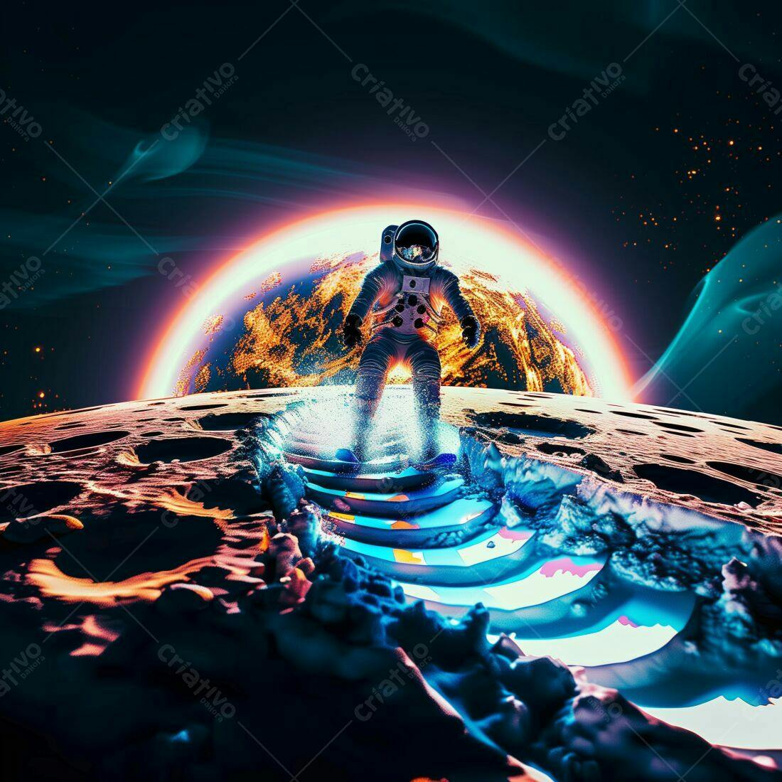 Astronauta surfando na Lua com planeta Terra ao fundo