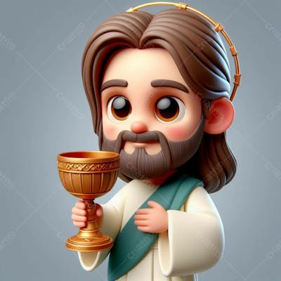 Jesus Cristo Em 3D Cartoon Segurando Um Cálice Em Fundo Cinza