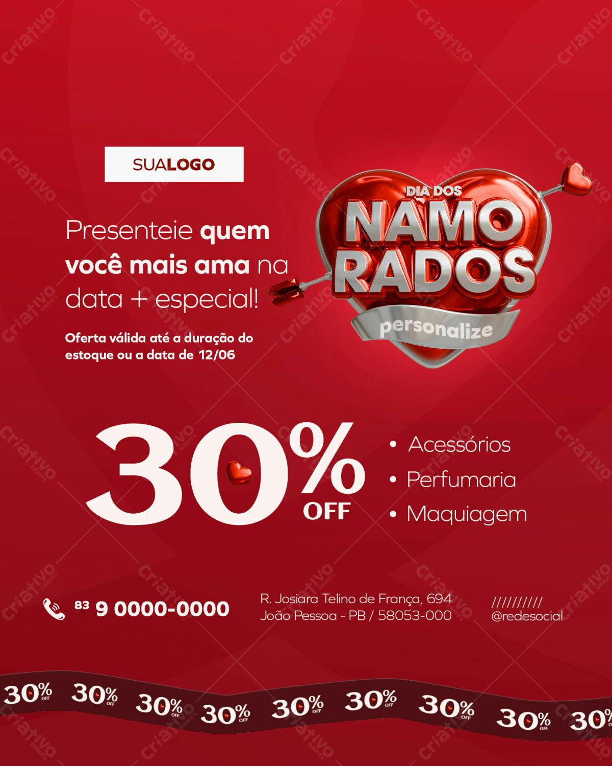 Flyer Dia dos Namorados com 30% OFF PSD Editável