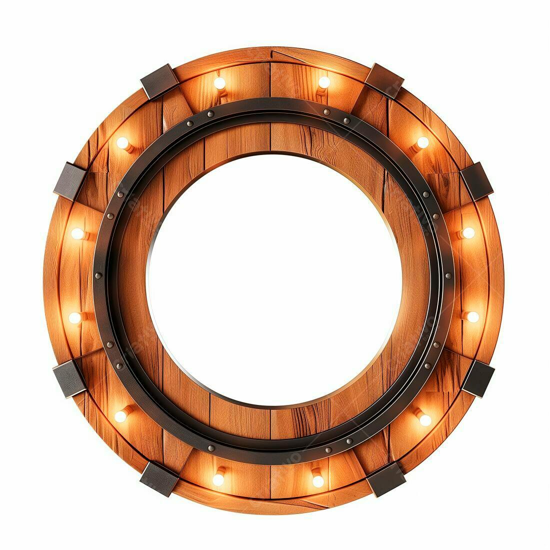 Moldura de madeira circular com luzes