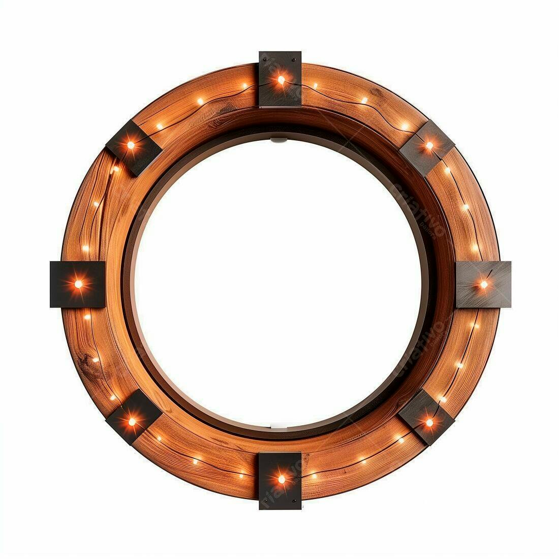 Moldura circular de madeira com luzes
