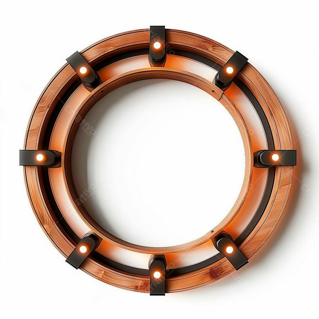 Luminária circular de madeira e metal